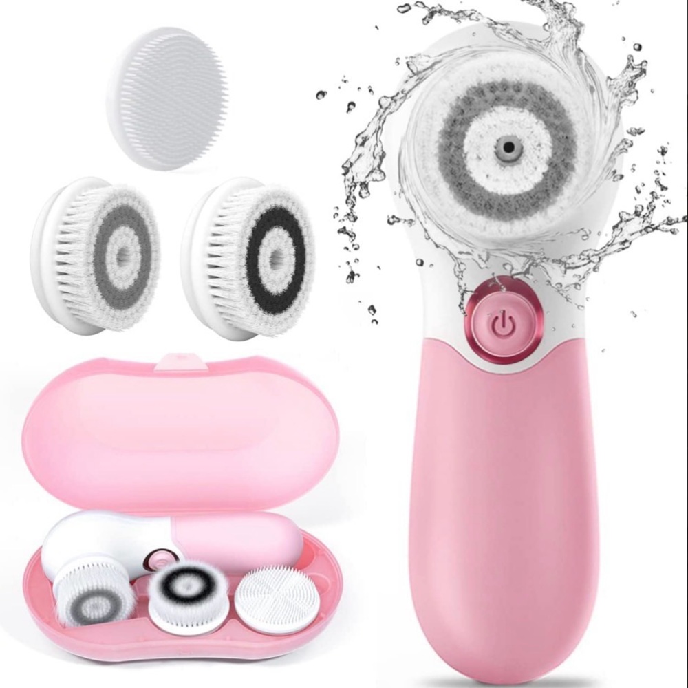 Rechargeable Pink Facial Cleansing Brush with Brush Head Set